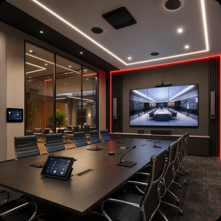 Sala de reunião corporativa com áudio, vídeo e automação integrada