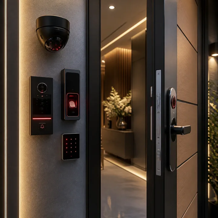 Entrada residencial com fechadura inteligente, biometria e câmera de segurança