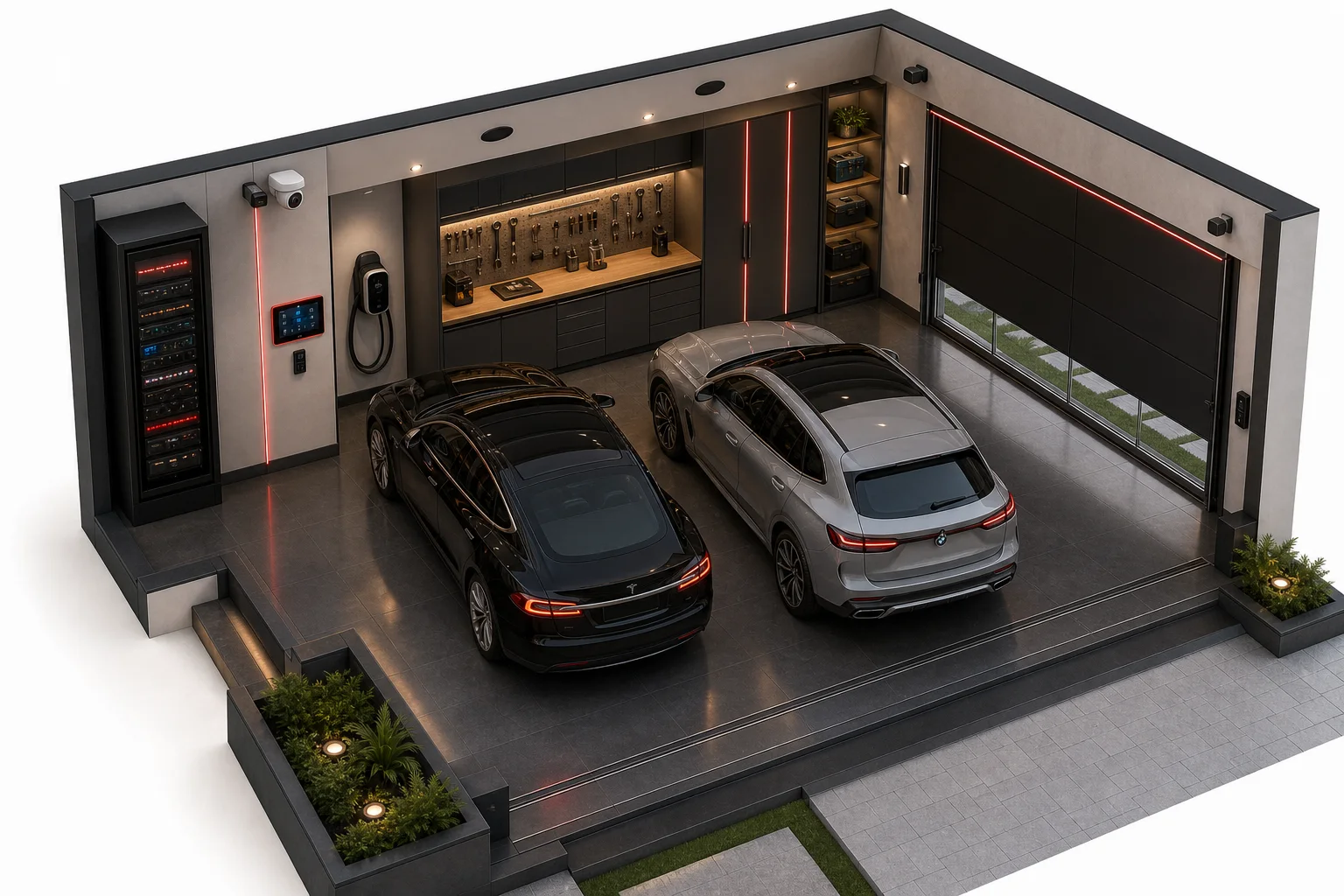 Perspectiva isométrica clara da garagem inteligente com carros, carregador elétrico, rack e portão automatizado