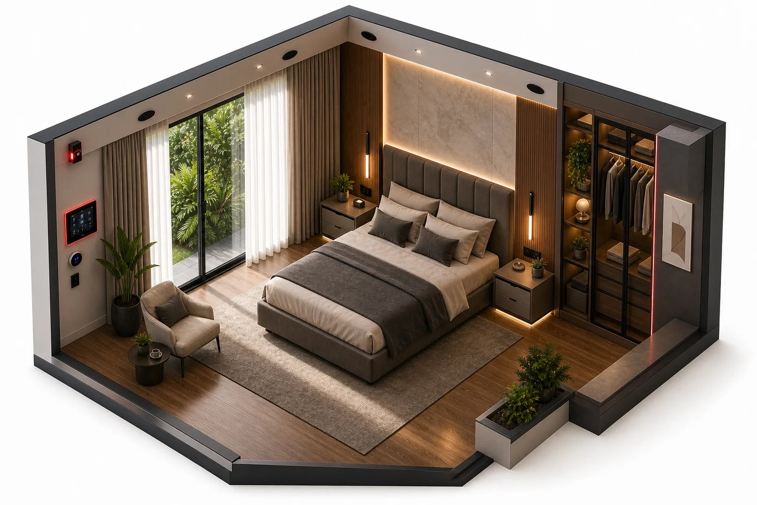 Perspectiva isométrica clara do quarto de hóspedes inteligente com automação, cortinas e iluminação