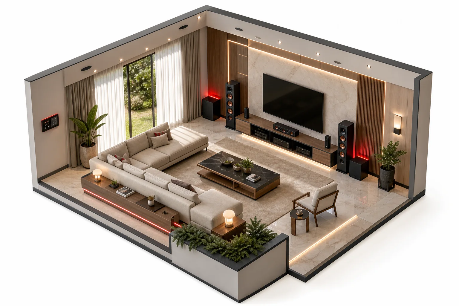 Perspectiva isométrica clara da Sala de Cinema com Home Theater integrado