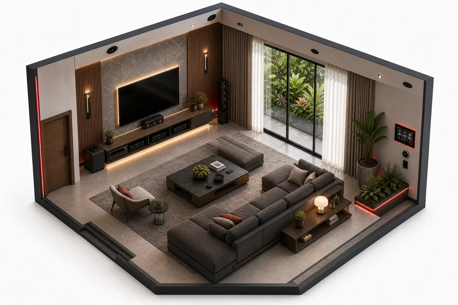 Perspectiva isométrica clara do Living Room inteligente com painel, som ambiente e cortinas automatizadas
