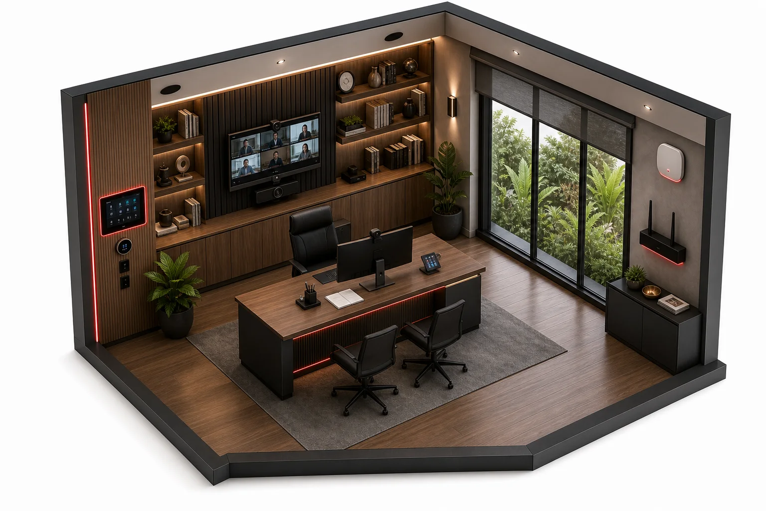 Perspectiva isométrica clara do escritório inteligente com mesa, painel de automação e videoconferência